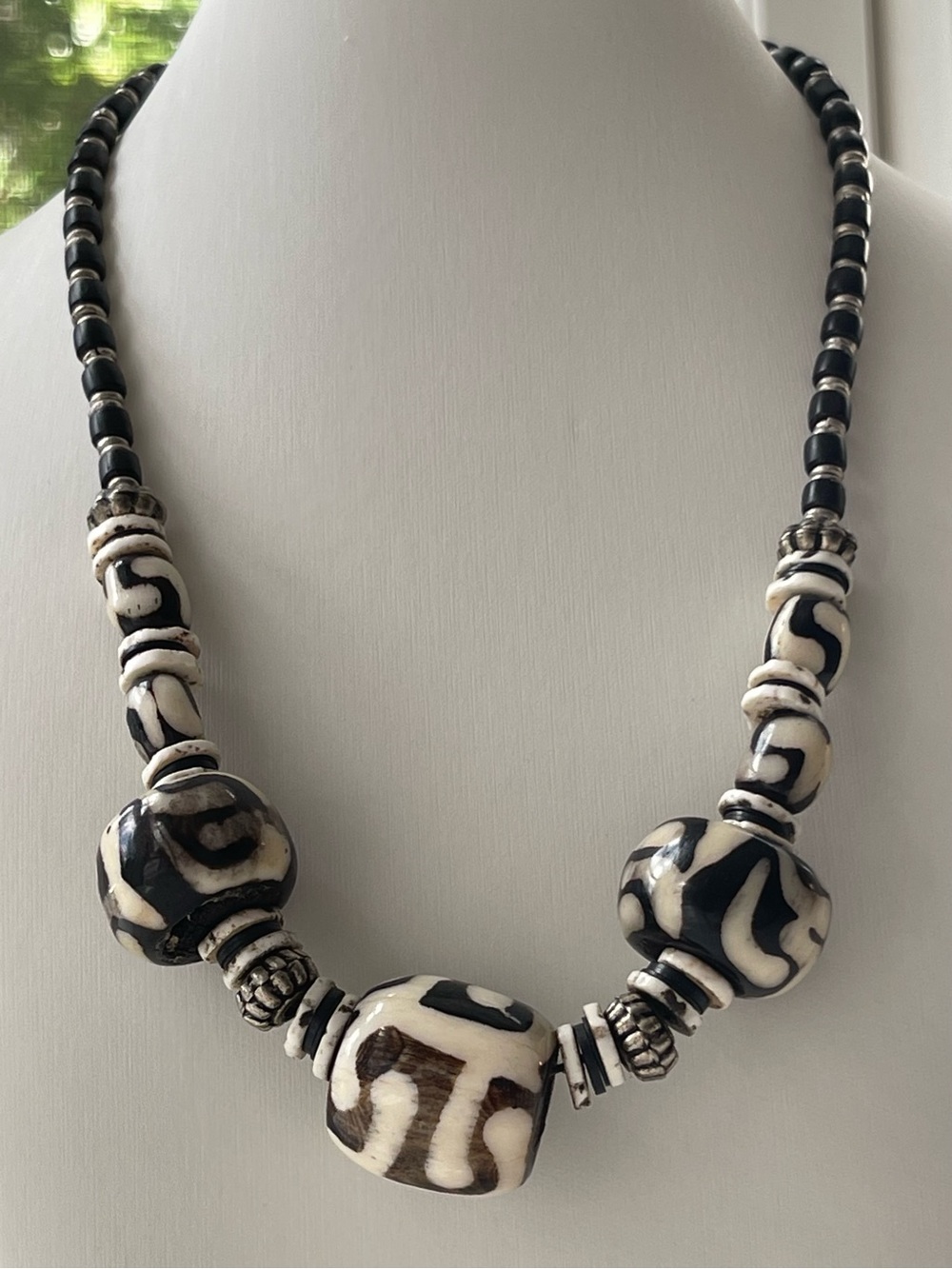 African batik bone barrel bead necklace